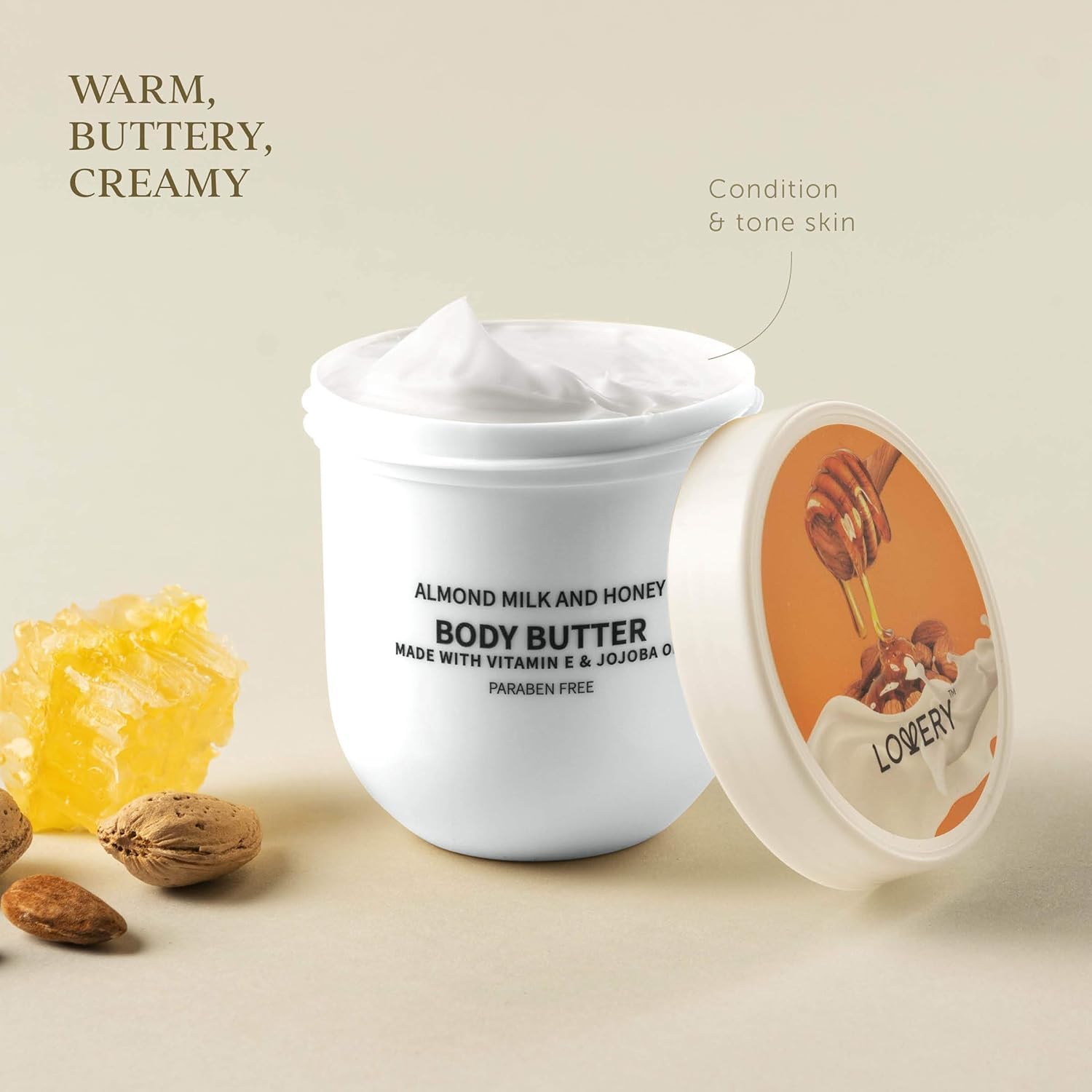 LOVERY shea body butter jar emphasizing rich, non-greasy moisture