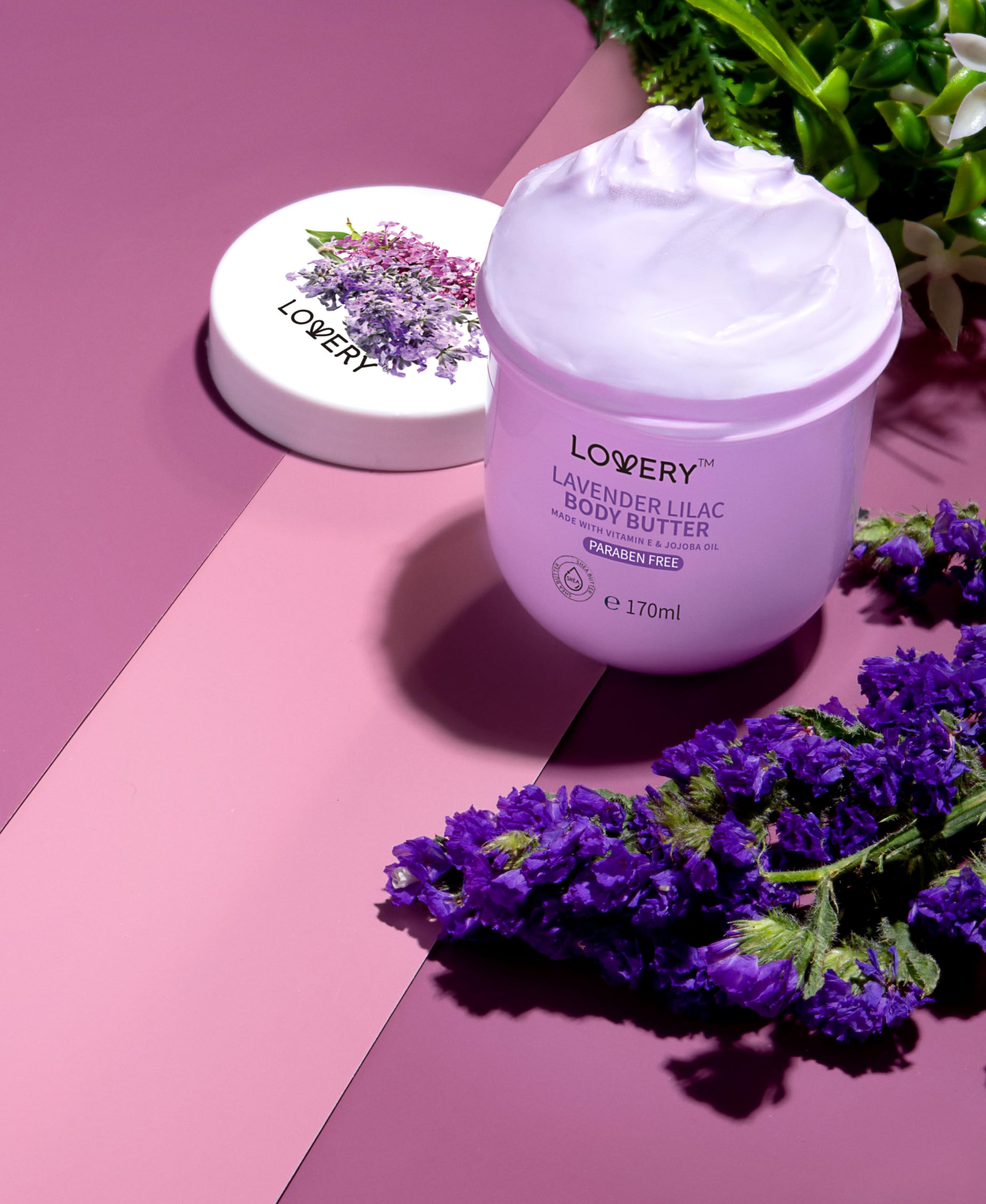 LOVERY ingredients image featuring Vitamin E, Shea Butter, and Jojoba Oil for nourishment