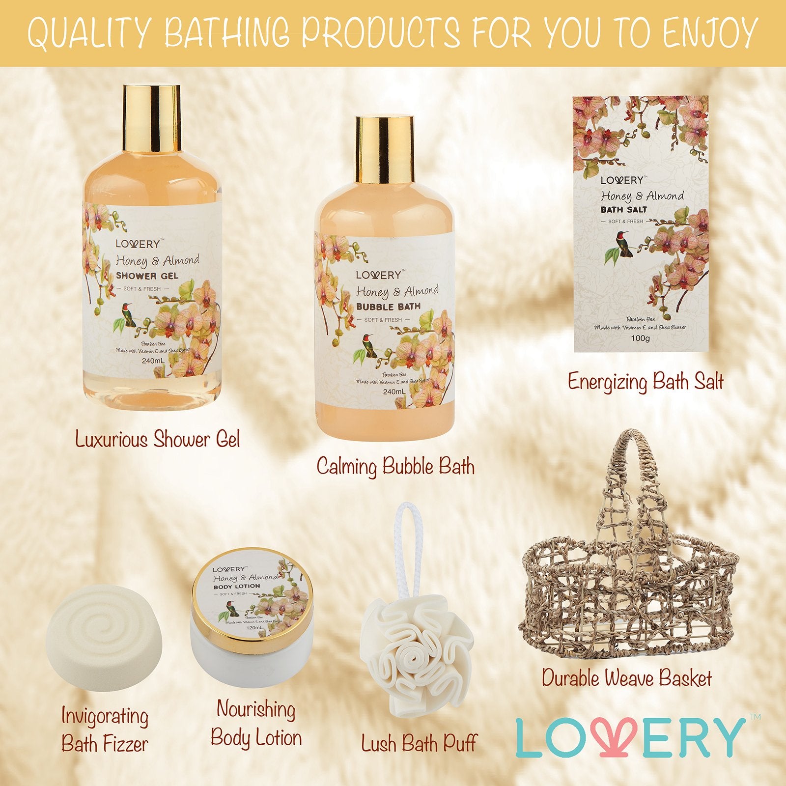 LOVERY Bath salt granules in the basket for a fragrant, soothing soak.