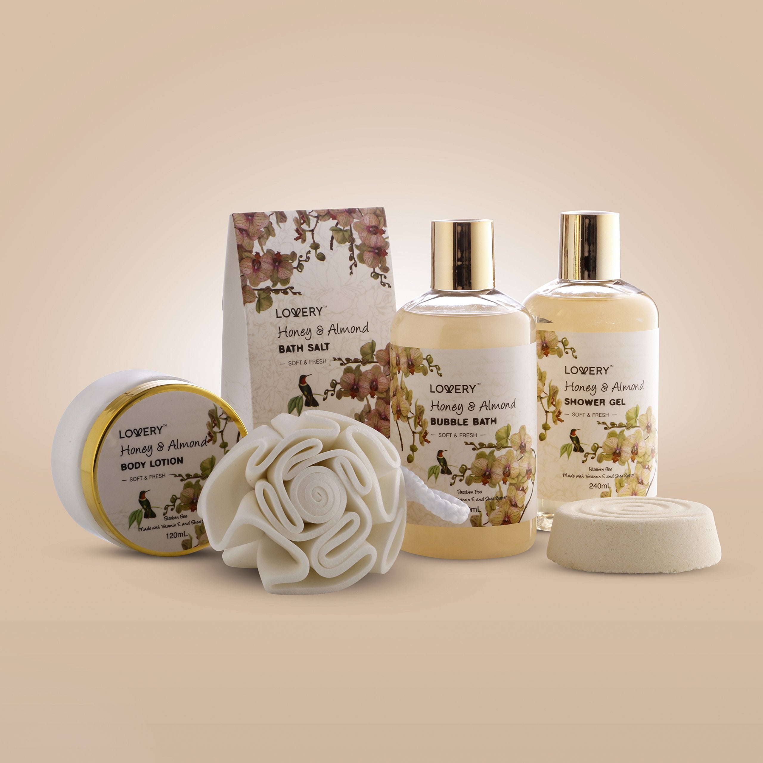 LOVERY Bubble bath bottle in the gift basket for a plush, foamy soak.