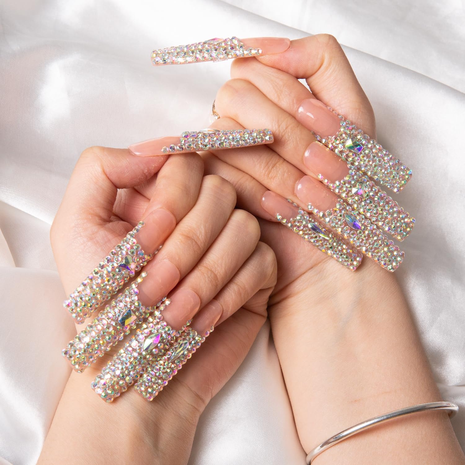 LOVFUL Angel's Tear square long nails closeup shows acrylic-strength durability.