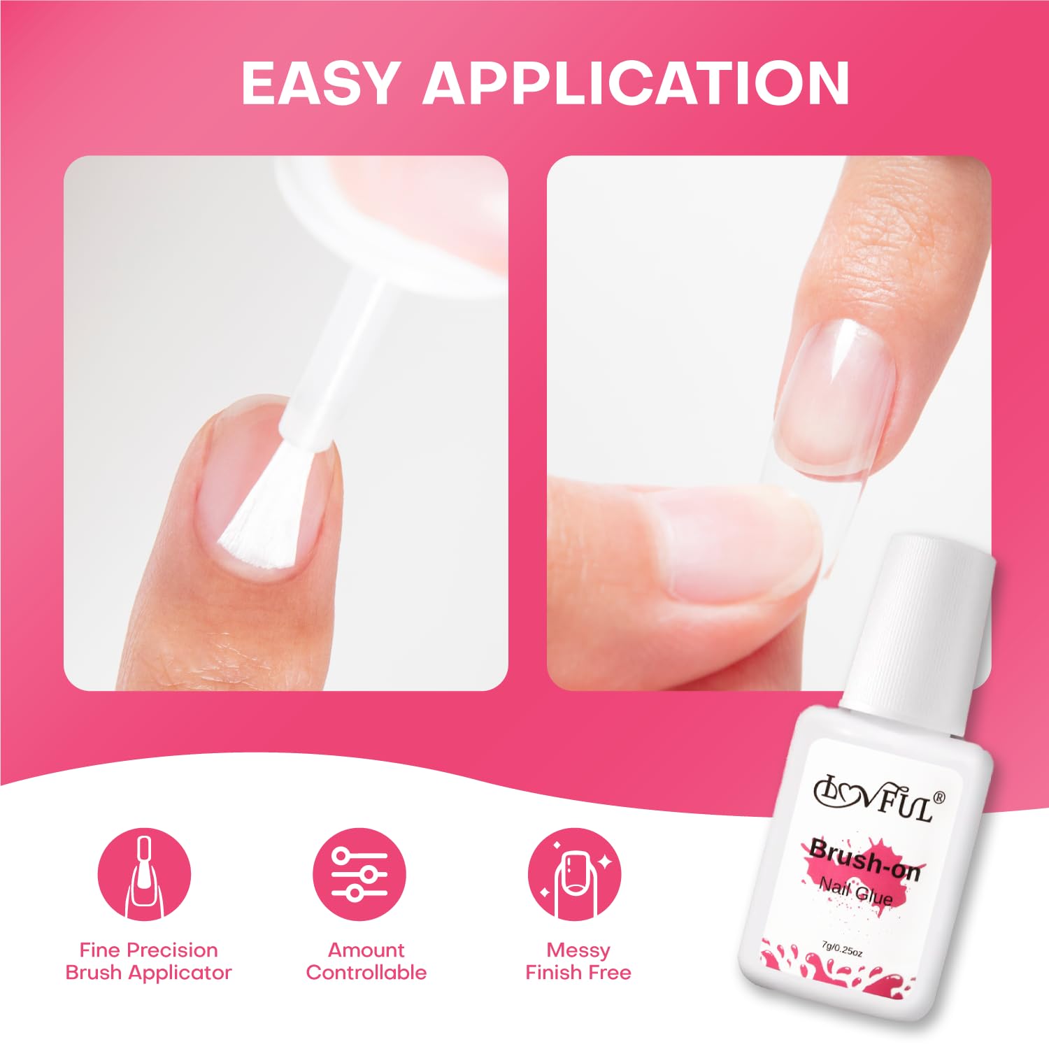 LOVFUL brush-on nail glue applicator in use on nails.