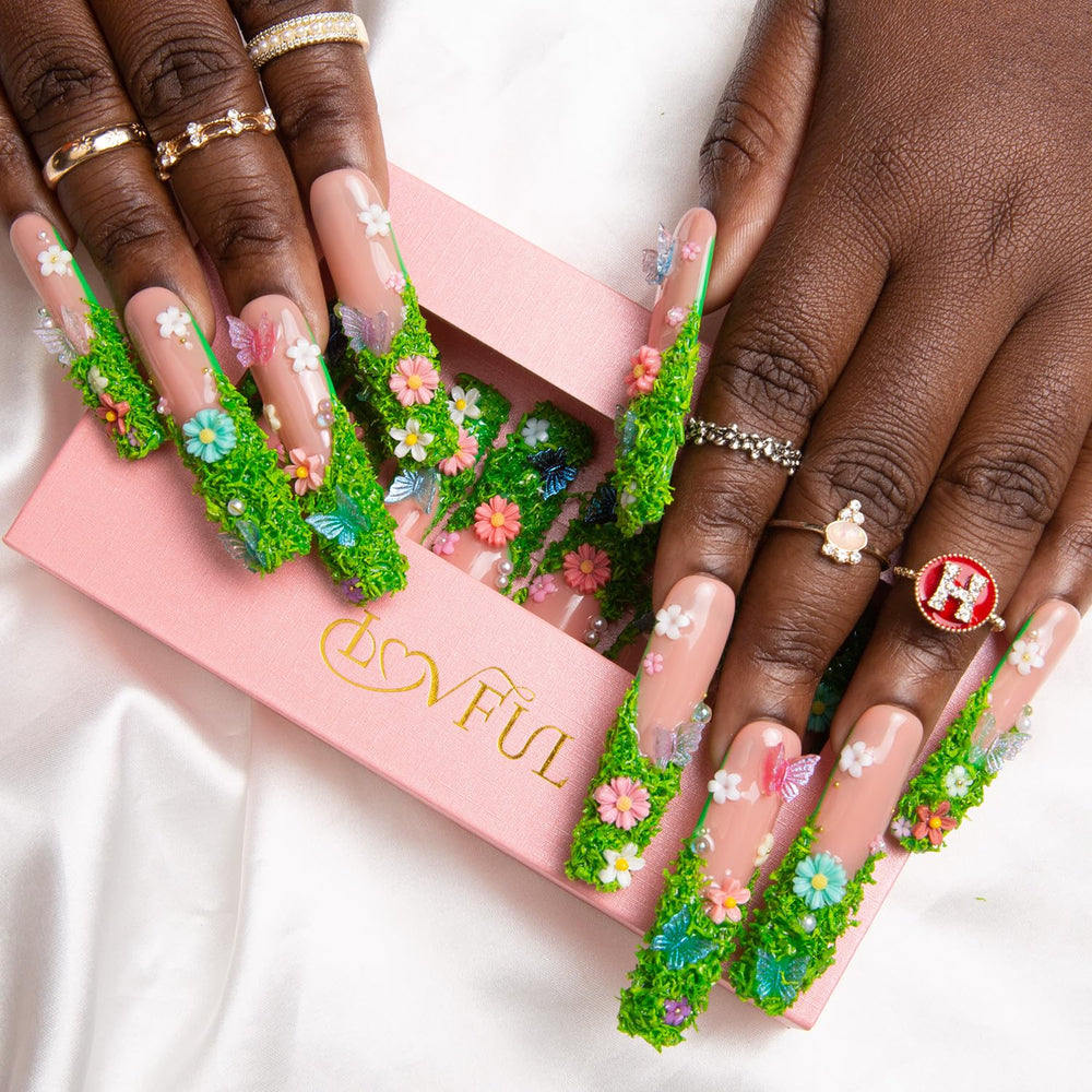Lovful crystal-embellished nails close-up highlighting durable, salon-quality finish.