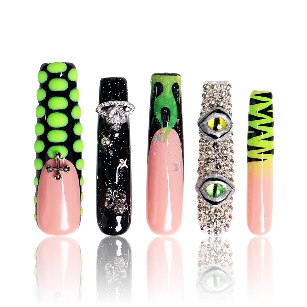 LOVFUL Dare to Roar French Tip nails with crystal full-cover design offering bold style and long wear.