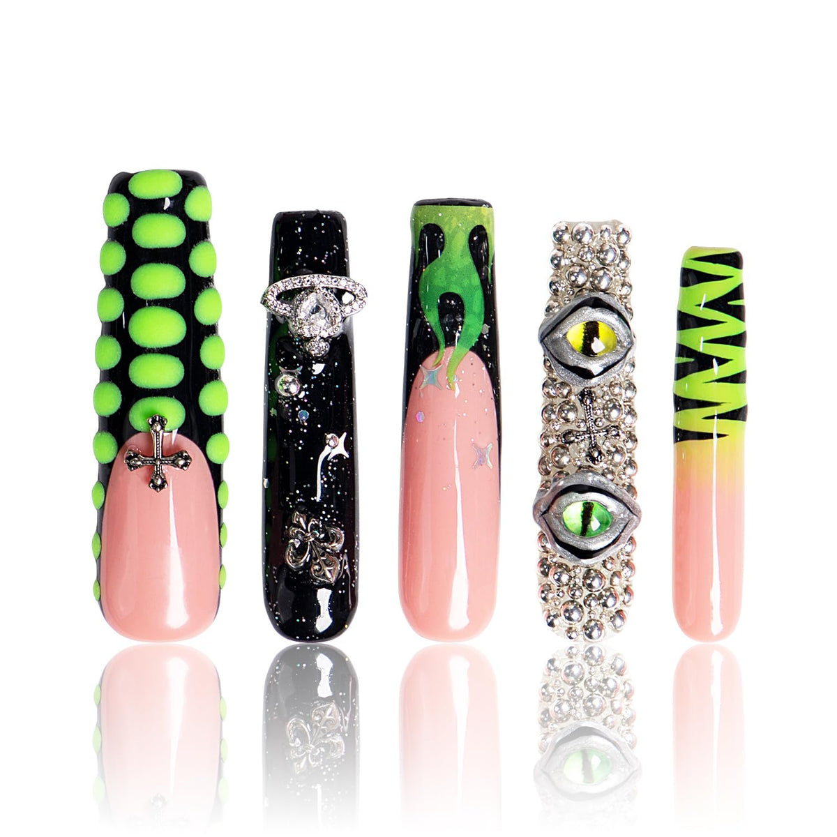 LOVFUL Dare to Roar French Tip nails with crystal full-cover design offering bold style and long wear.