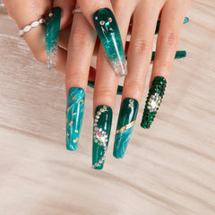 Reusable LOVFUL Emerald Envy Blue full-cover nails for durable wear across weeknights and weekends.