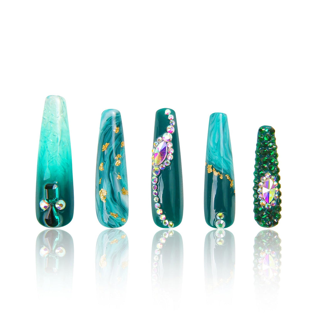 LOVFUL Emerald Envy Blue nails with full crystals for a glamorous do-it-yourself manicure.