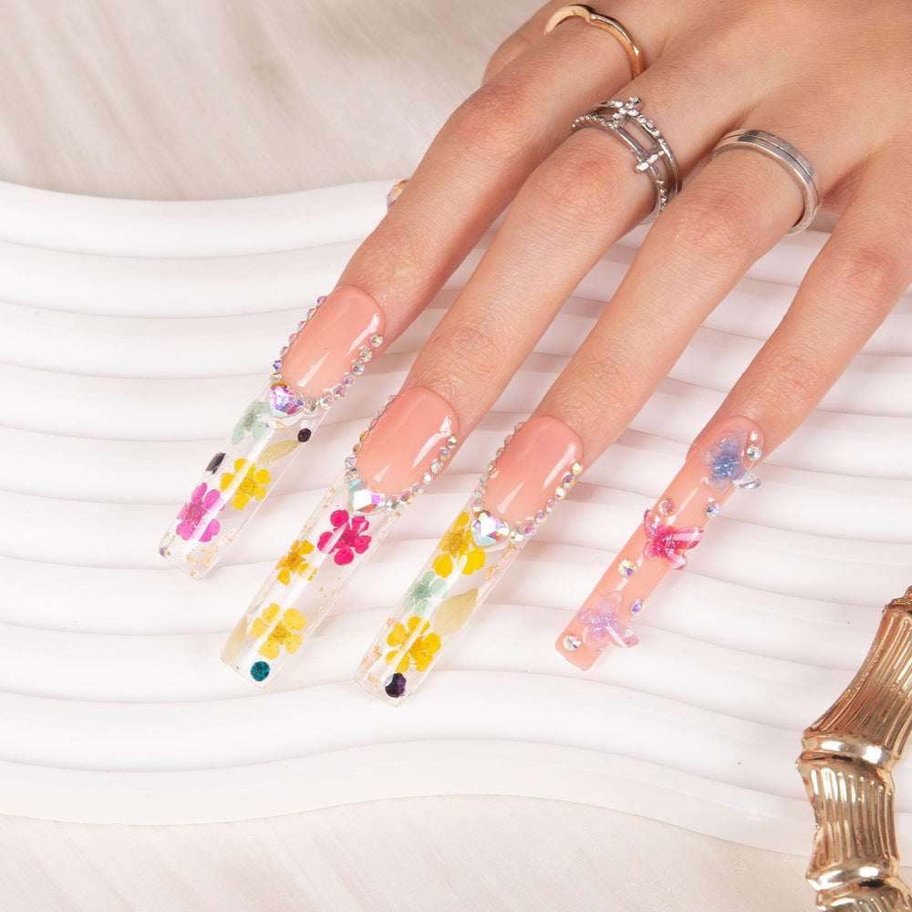Lovful Flora handmade nails with crystal embellishments for durable, reusable wear.