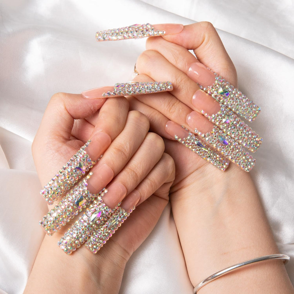 LOVFUL full-covered crystal design nails with sparkling finish.