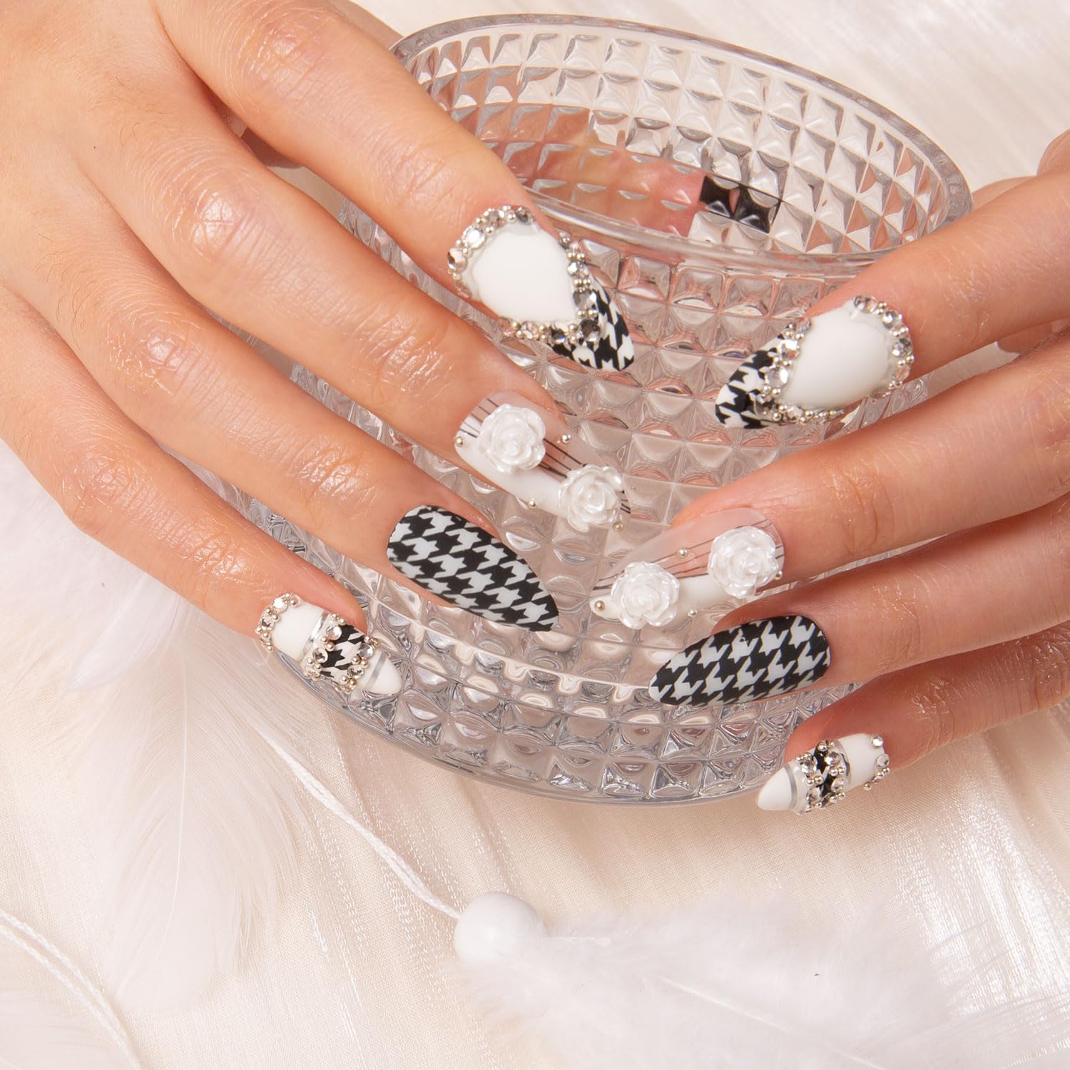 Close-up of full-covered crystal detail on LOVFUL nails for a luxe look.