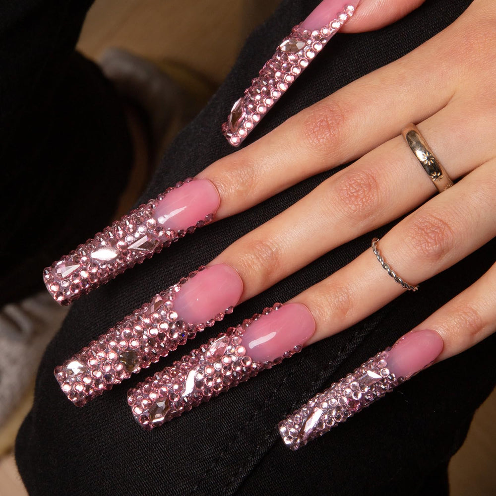 LOVFUL handmade full-crystal nails with pink tips for elegant daily wear.