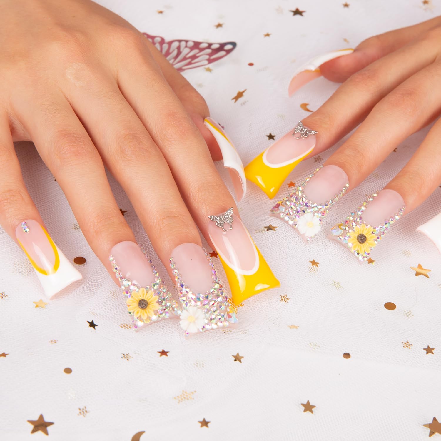 LOVFUL handcrafted sunflowers crystal nails with full-cover finish at home