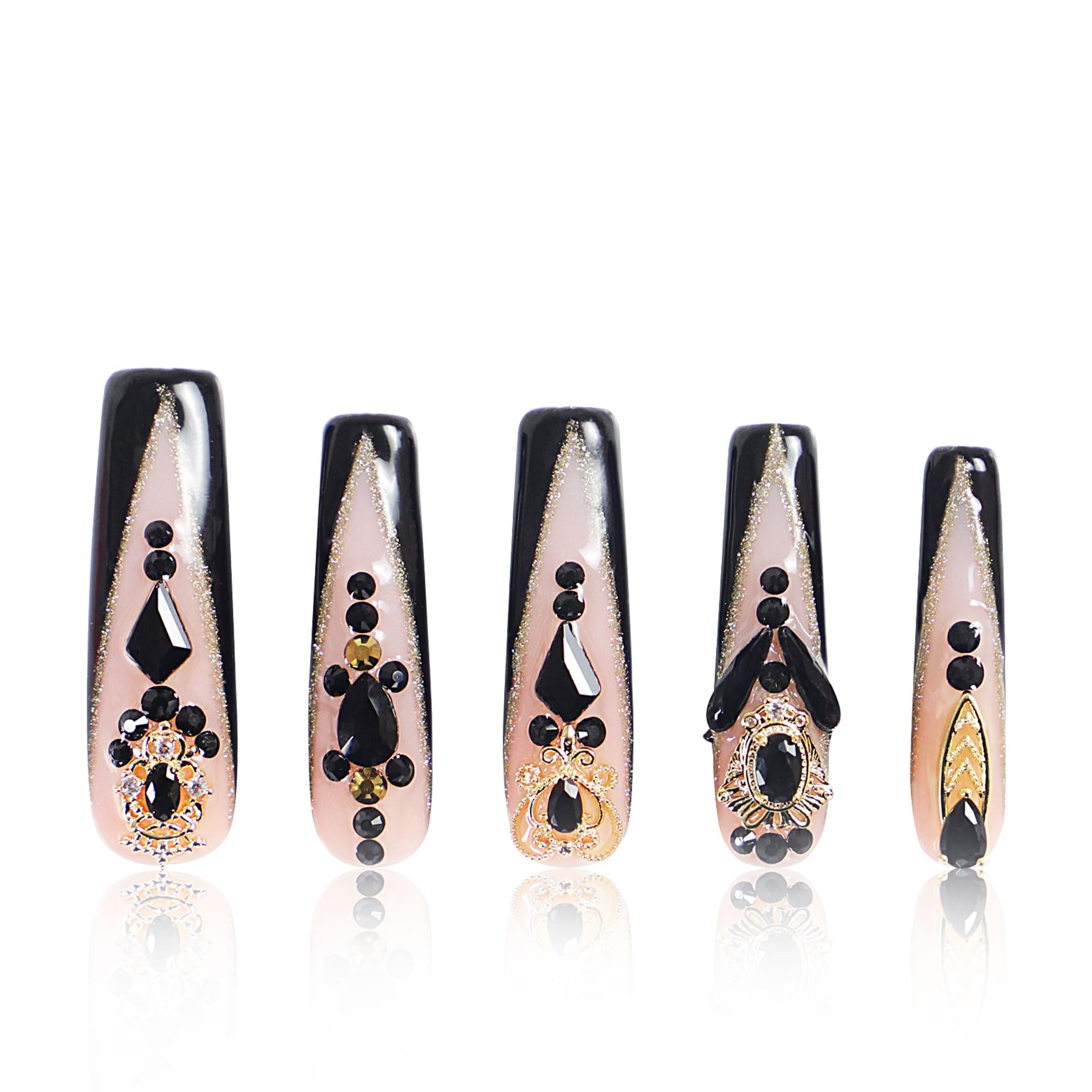 LOVFUL Obsidian Palace nails with black French tip and crystal accents for chic wear