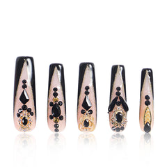 LOVFUL Obsidian Palace nails with black French tip and crystal accents for chic wear