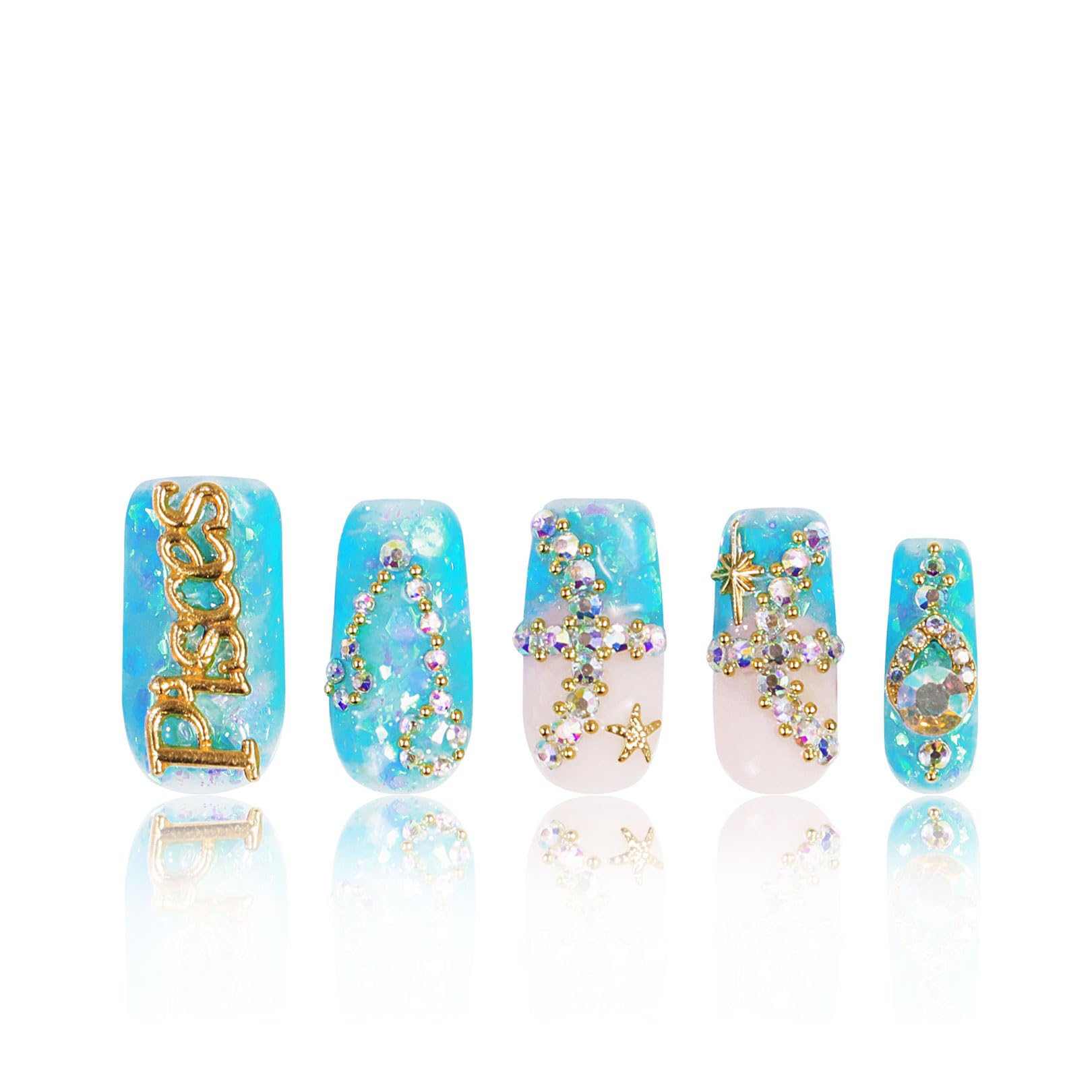 LOVFUL Pisces Blue French Tip nails with crystal accents for an elegant look.