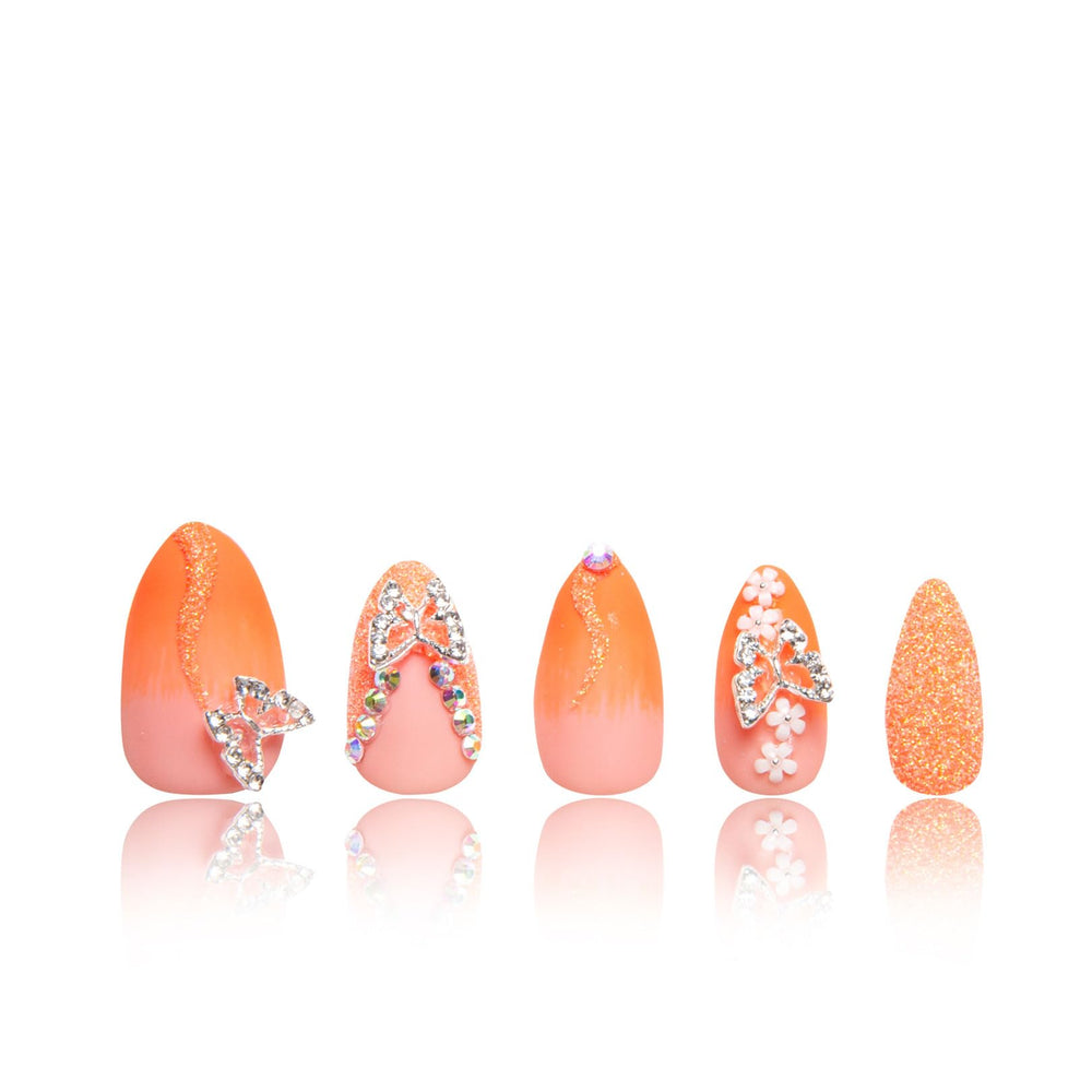 LOVFUL Citrus Bloom full-cover crystal press-on nails for a glamorous salon look.
