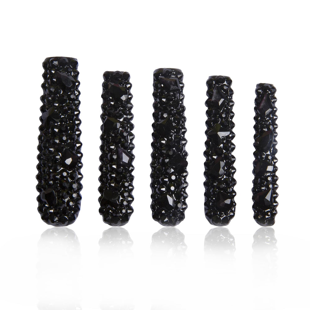 LOVFUL Classic Black Rhinestone nails close-up with sparkling crystals for daily glamour