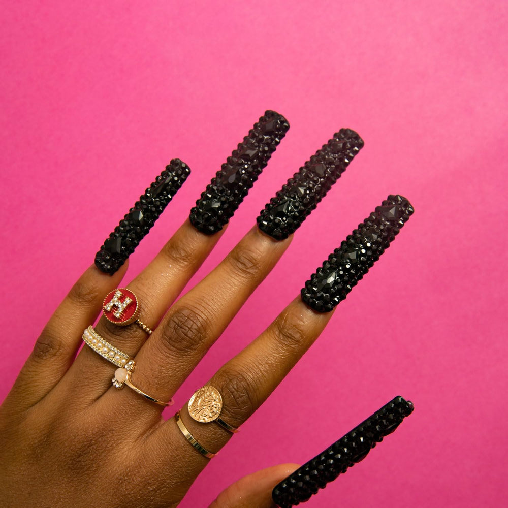 LOVFUL Classic Black Rhinestone nails full set showing crystal coverage