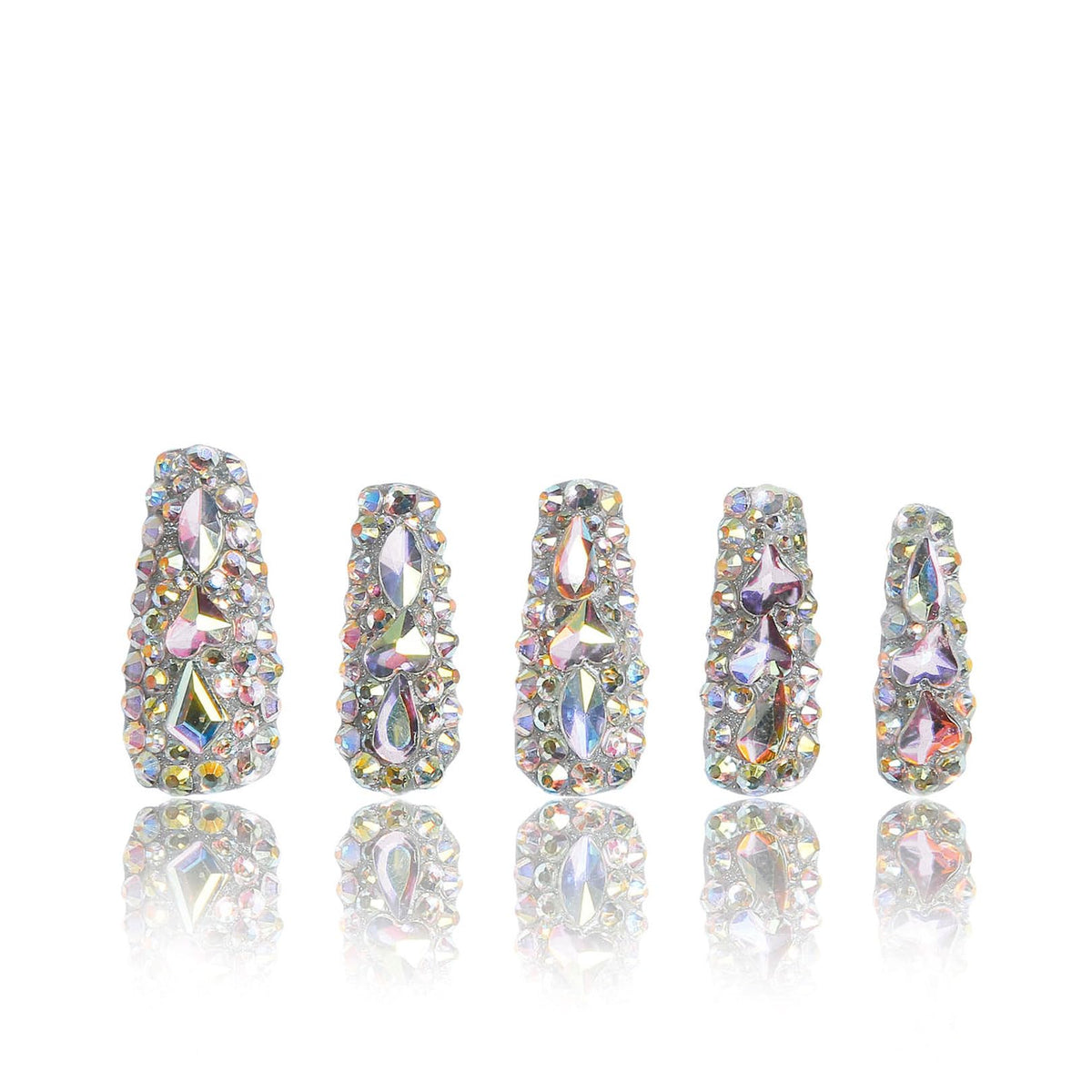 LOVFUL press-on nails with rhinestones on a hand, offering an elegant, quick at-home manicure.