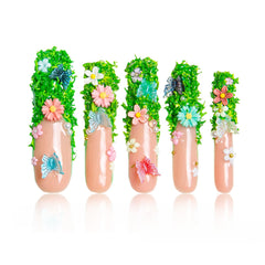 Lovful press-on nails Fairy Tale Garden close-up with crystal embellishments for a glamorous look.