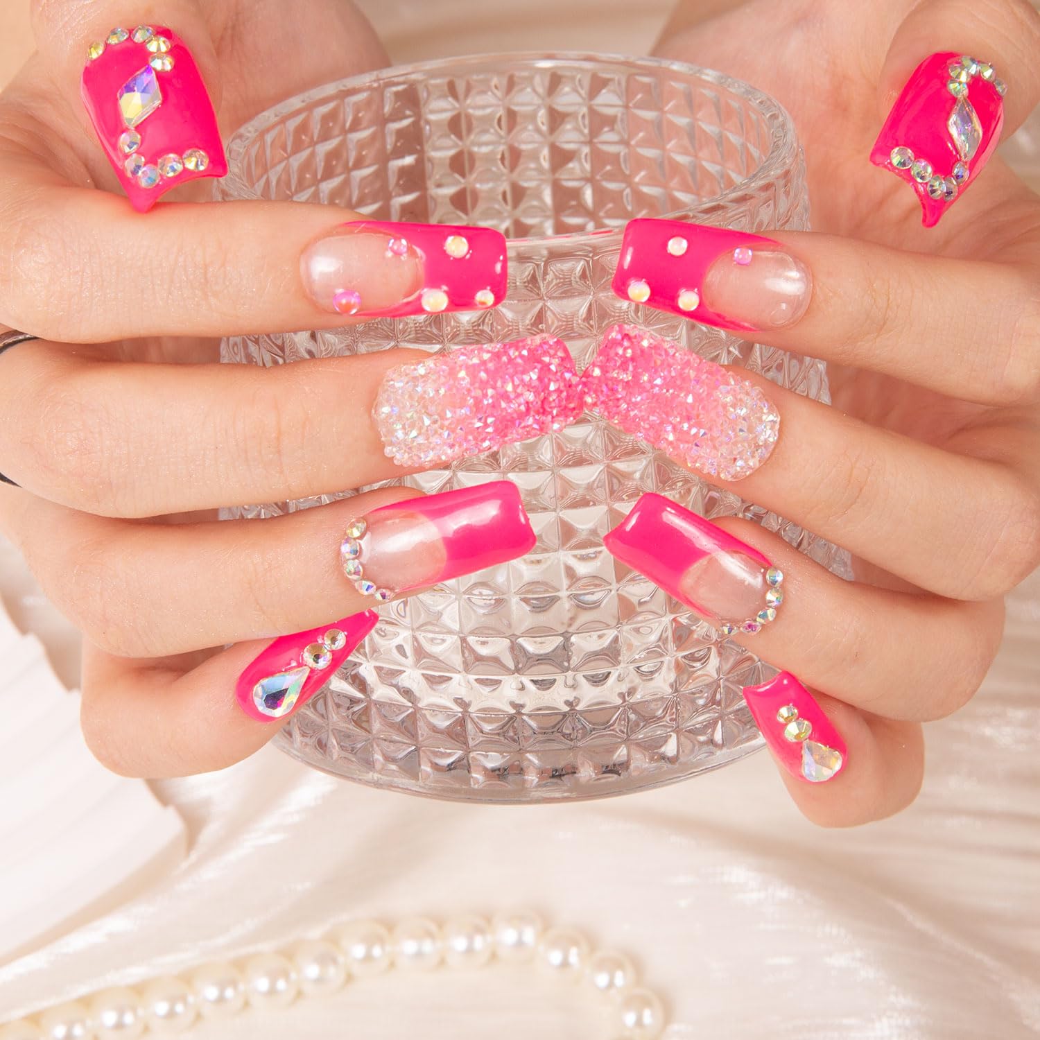 LOVFUL Pink Typhoon square 1.0 in nails with full crystal detail
