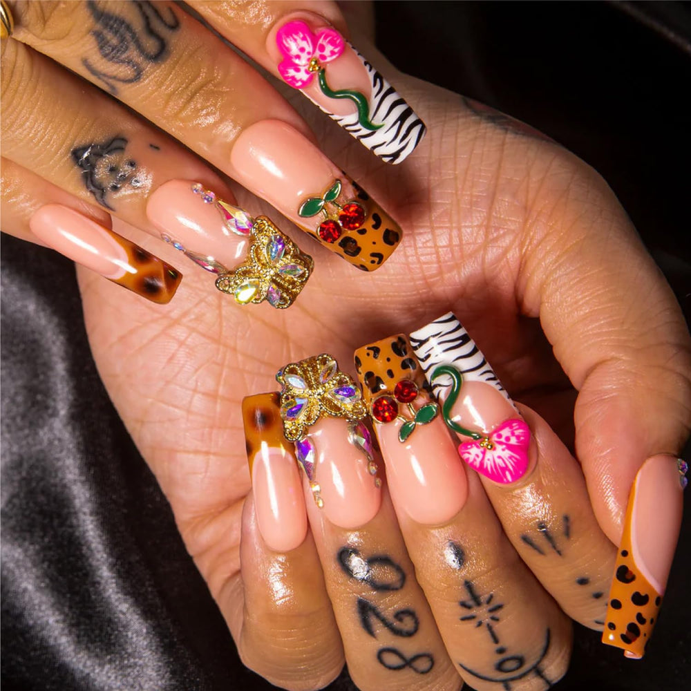 Close-up shows easy press-on application with LOVFUL Fruit Energy nails.