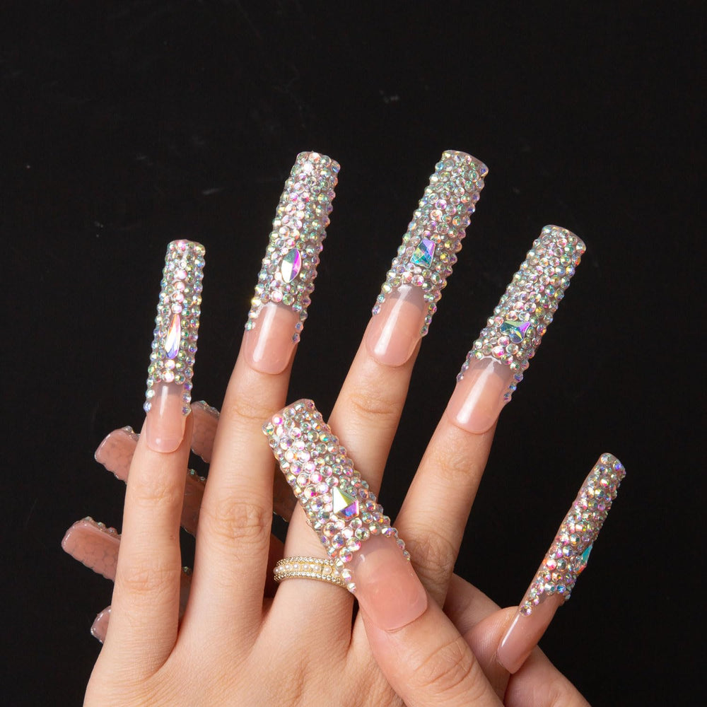 LOVFUL square long Angel's Tear nails ready for quick at-home application.