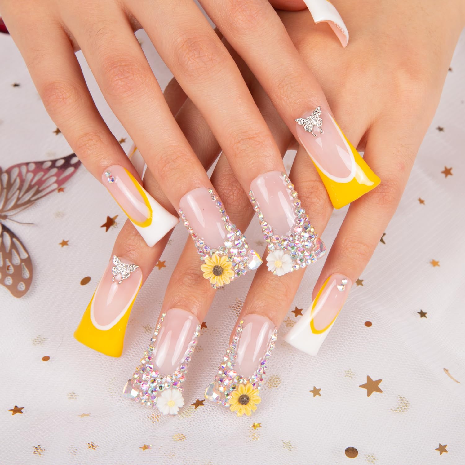 LOVFUL Sunflower press-on nails are durable and reusable for several chic transformations.