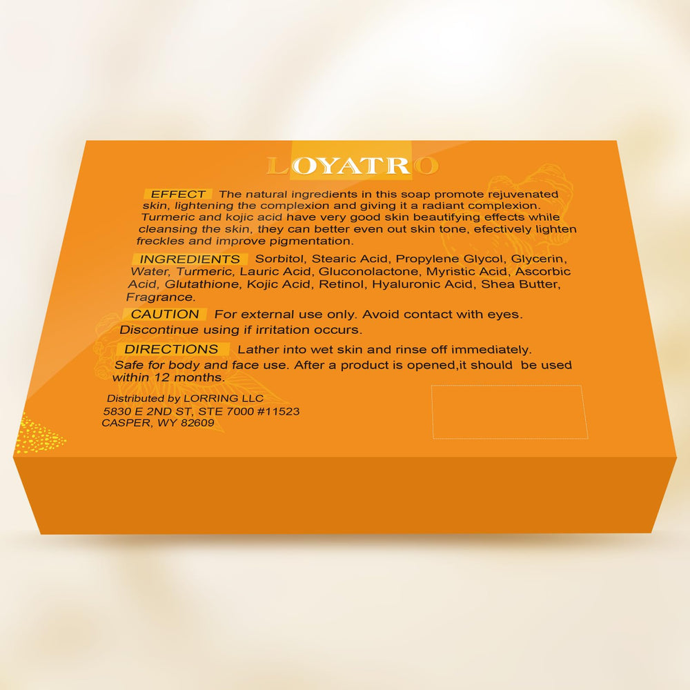 LOYATRO Kojic Acid Turmeric Soap Bar bar resting on sink promoting radiant complexion