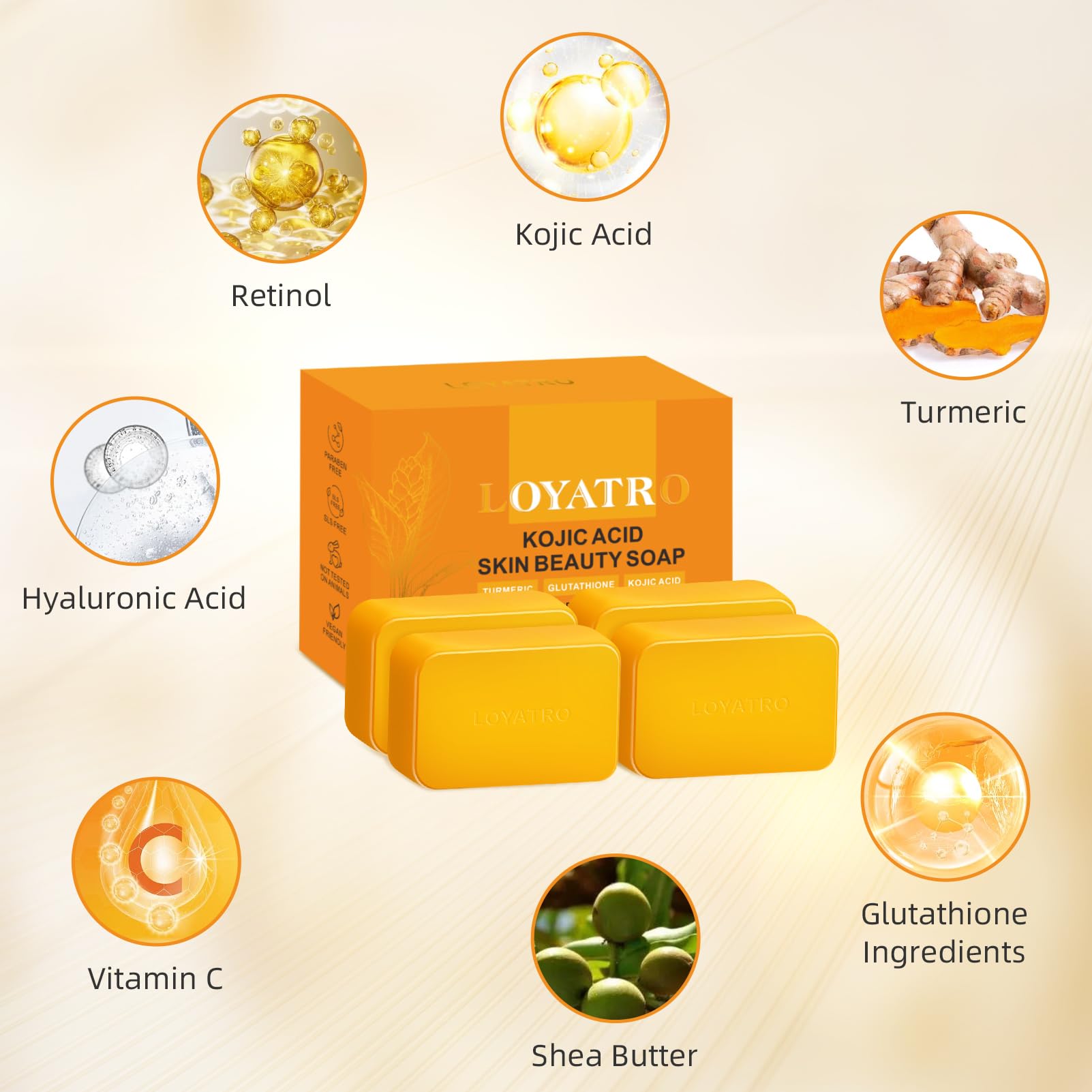 LOYATRO Kojic Acid Turmeric Soap Bar natural ingredients display for healthy skin