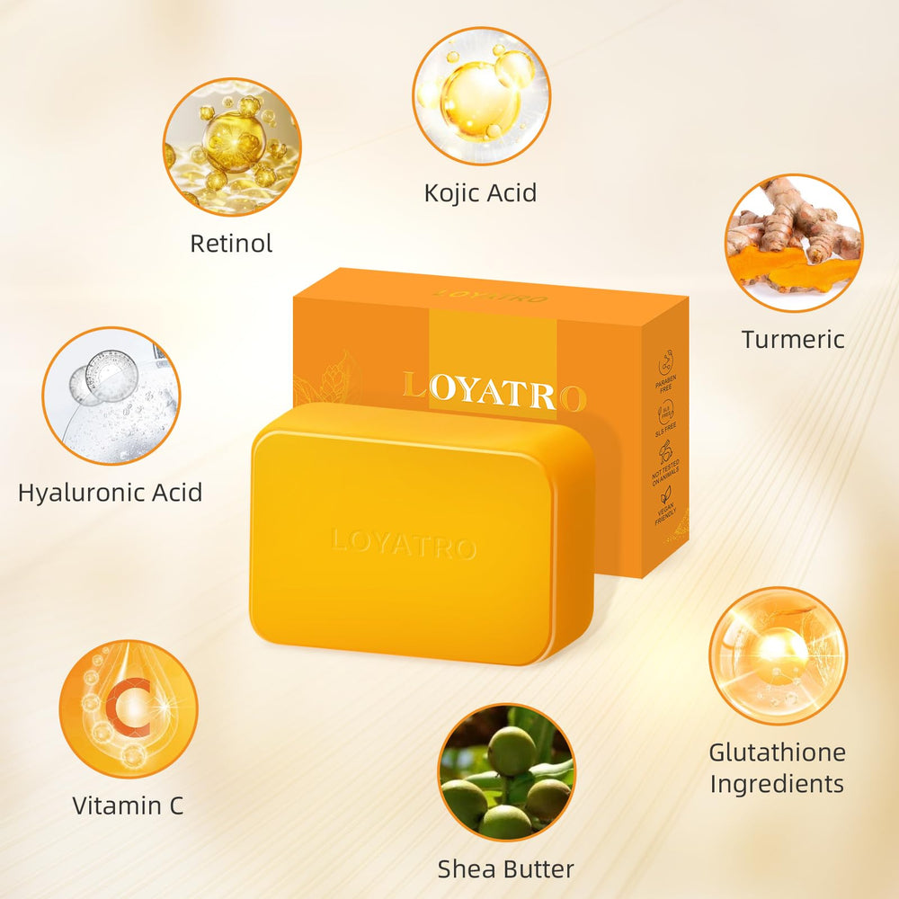 LOYATRO Kojic Acid Turmeric Soap Bar foam demonstrates cleansing with radiant-looking result.