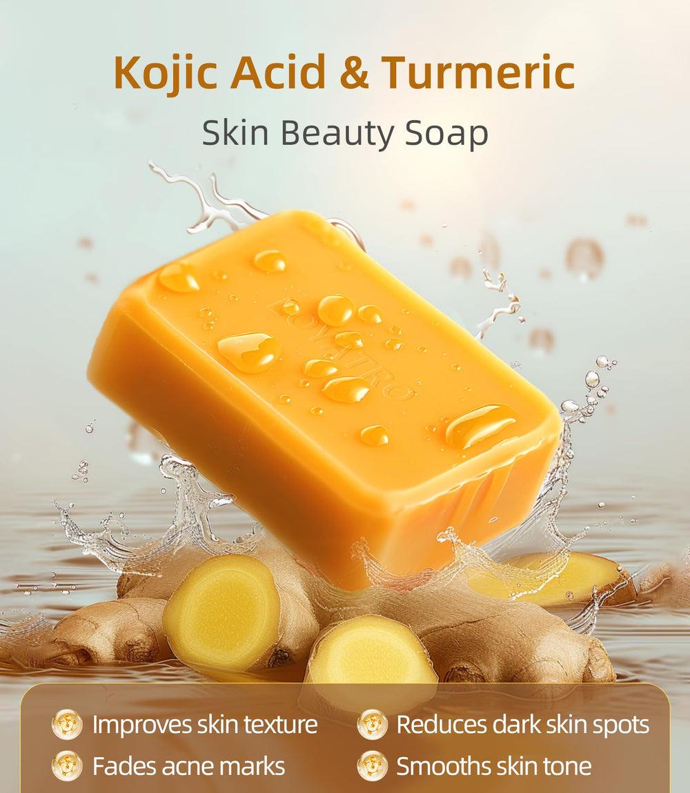 LOYATRO Kojic Acid Turmeric Soap Bar lather close-up suggests gentle cleansing for all skin types.
