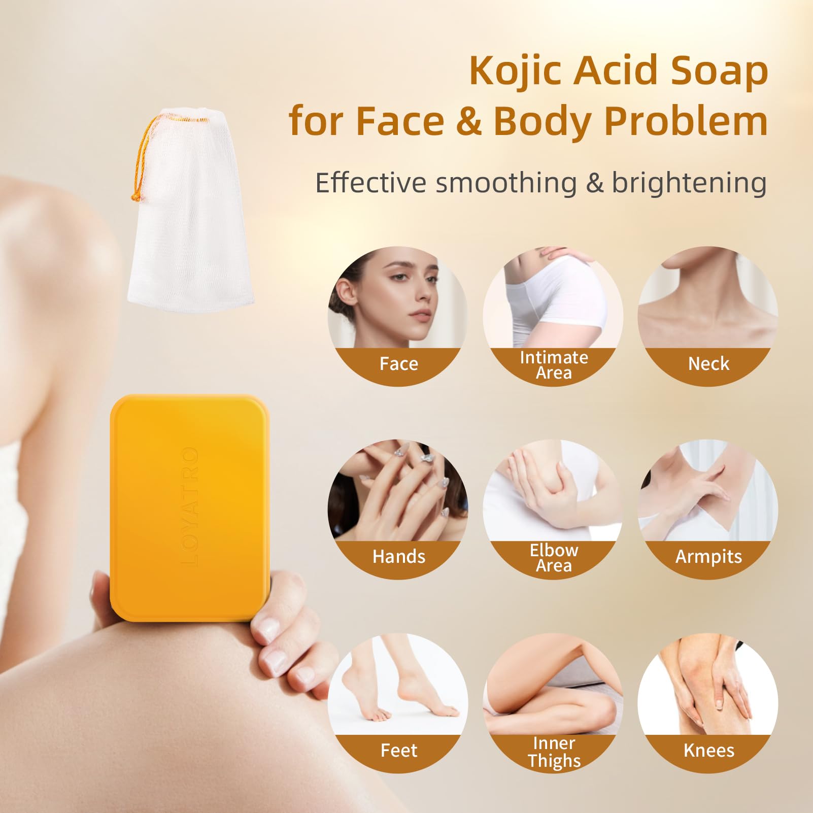 LOYATRO Kojic Acid Turmeric Soap Bar close-up texture hints smooth, refreshed skin.