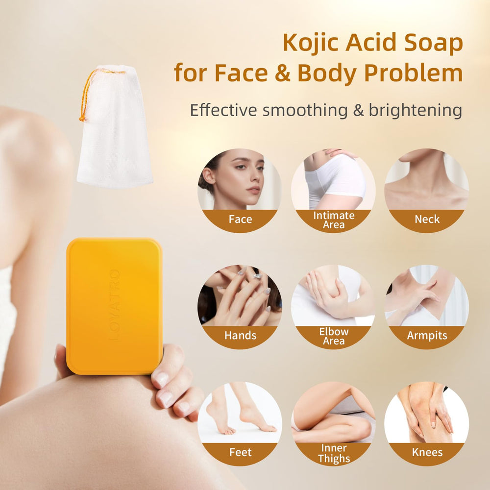 LOYATRO Kojic Acid Turmeric Soap Bar close-up texture hints smooth, refreshed skin.