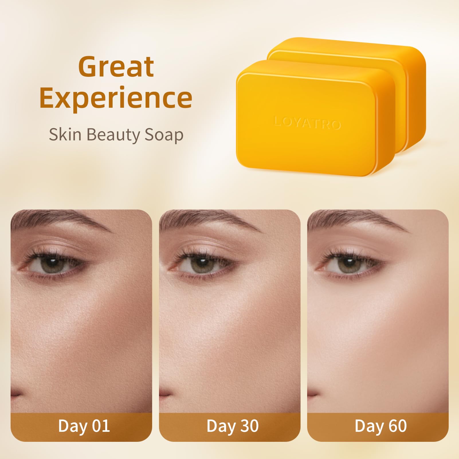 Face application of LOYATRO Kojic Acid Turmeric Soap Bar demonstrates gentle cleansing.