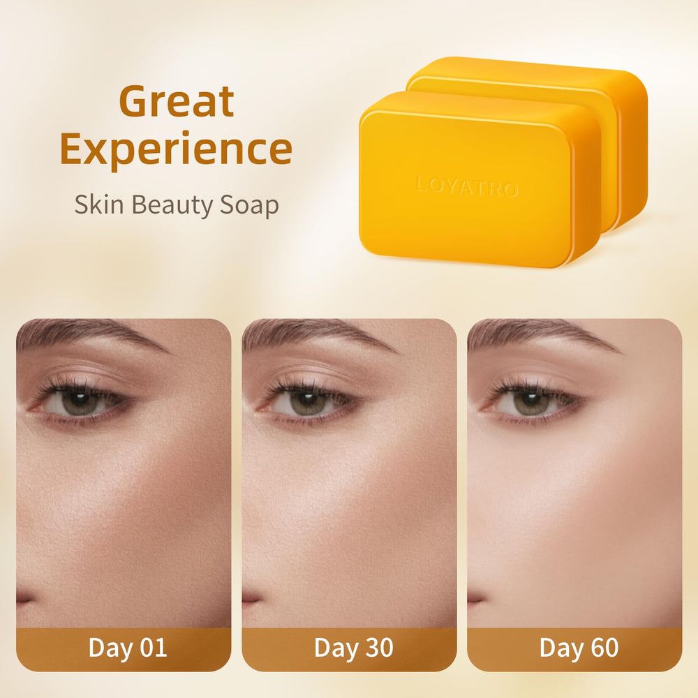 Face application of LOYATRO Kojic Acid Turmeric Soap Bar demonstrates gentle cleansing.