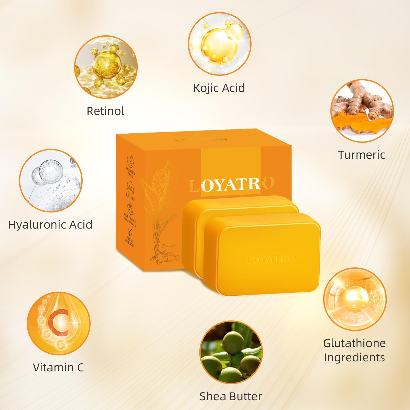 Natural ingredients highlight turmeric and kojic acid in a nourishing blend.