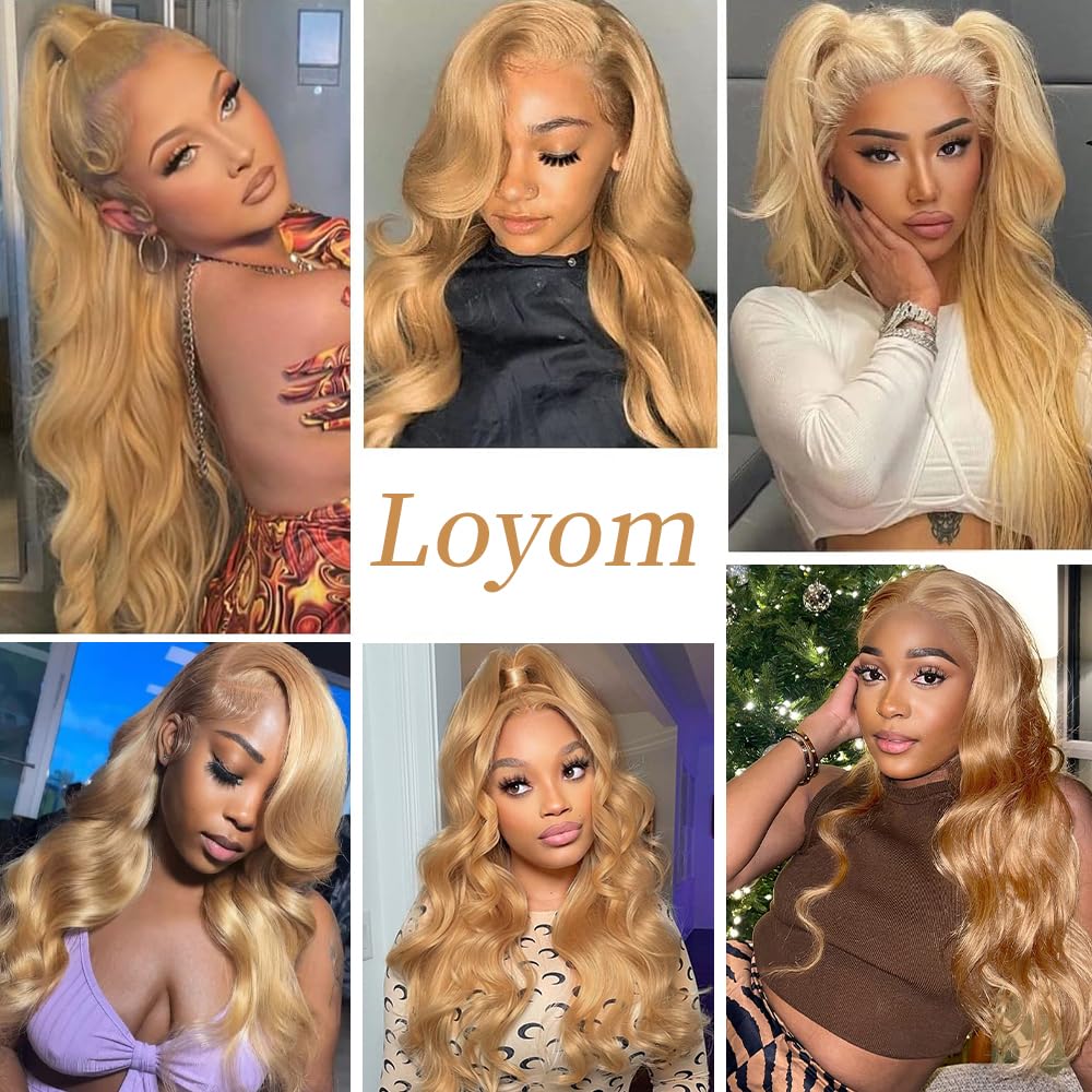 Loyom Honey Blonde lace front wig back view shows full silhouette.