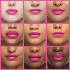 Lips wearing L’Paige Frosted Amethyst shimmer catch light for luminous finish.