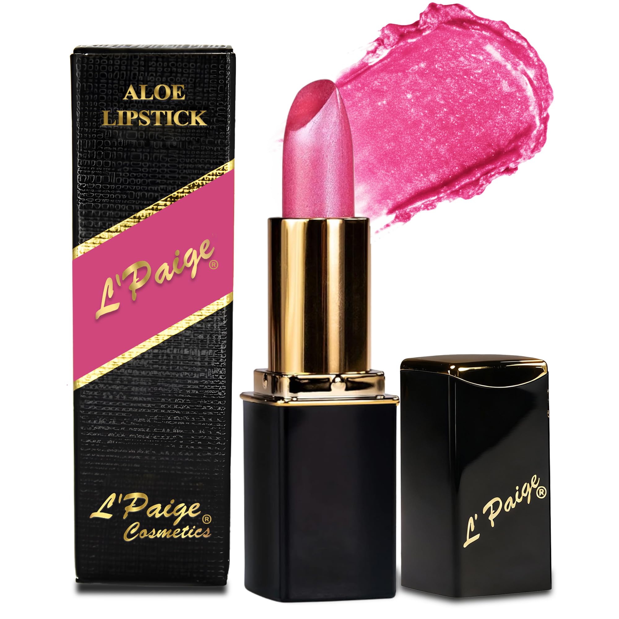 L’Paige Frosted Amethyst Lipstick tube shows cool berry pink shade with frosted glow.