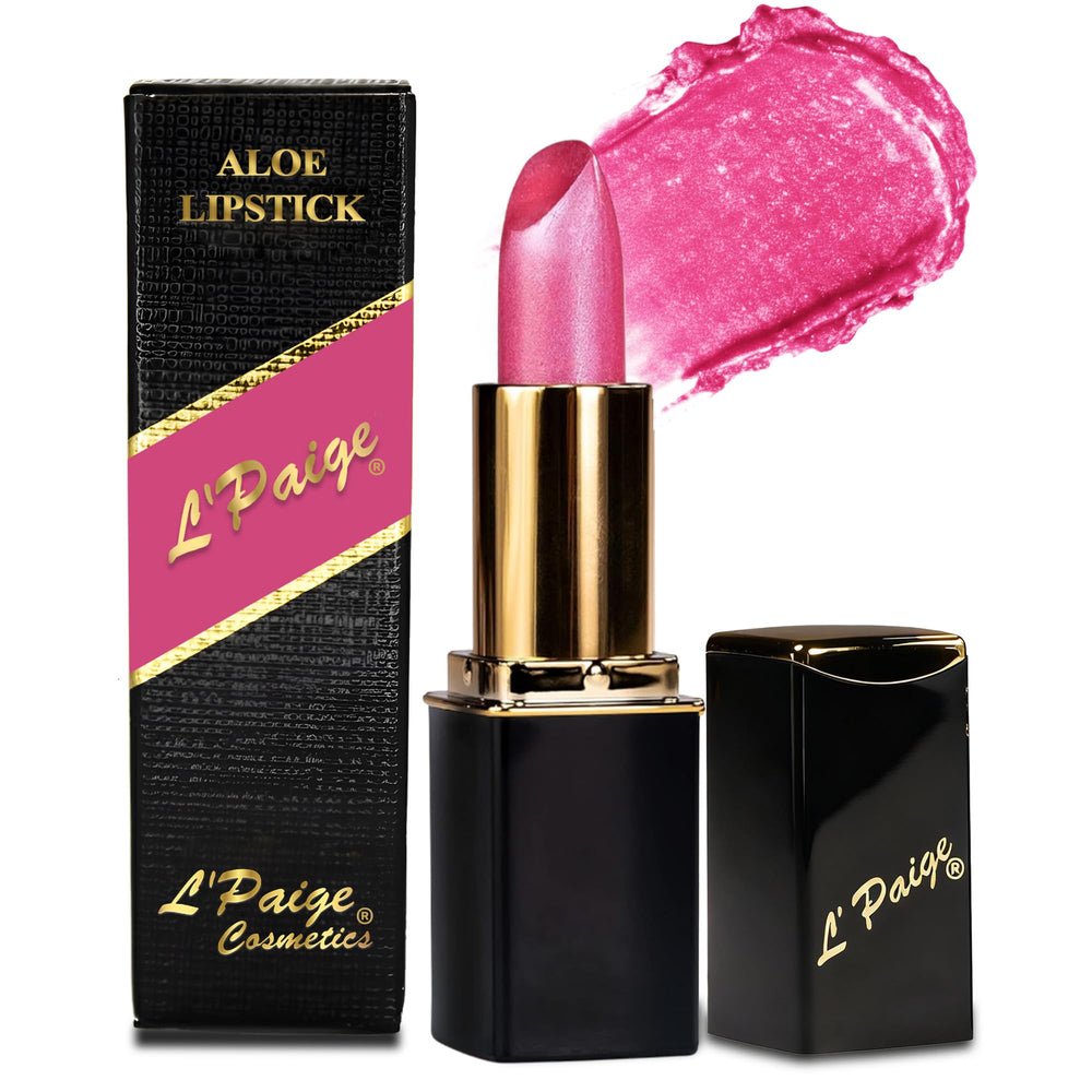 L’Paige Frosted Amethyst Lipstick tube shows cool berry pink shade with frosted glow.