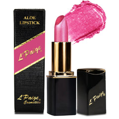 L’Paige Frosted Amethyst Lipstick tube shows cool berry pink shade with frosted glow.