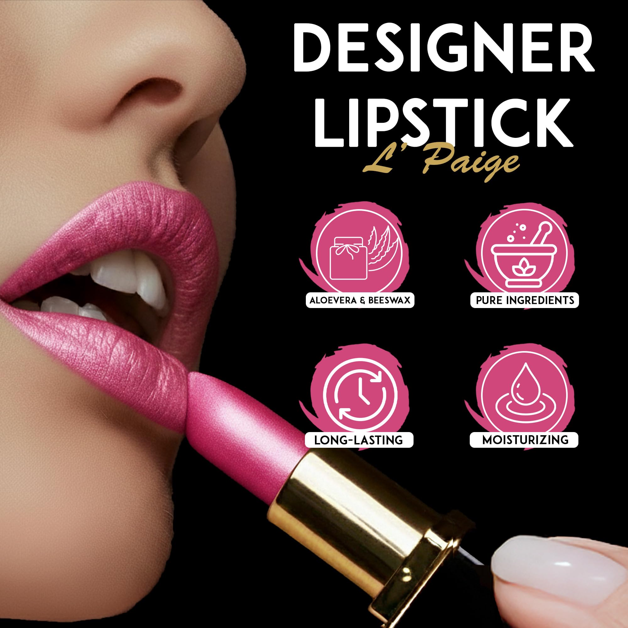 Packaging image of L’Paige Frosted Amethyst Lipstick highlights compact design.