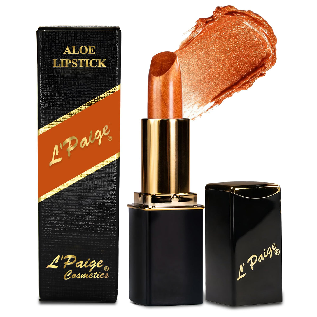 L'Paige Frosted Copper Lipstick with bronze glow for radiant lips.
