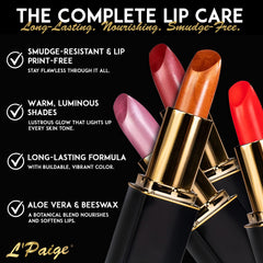L'Paige Long-Wear Lipstick maintains vibrant color from morning to night.