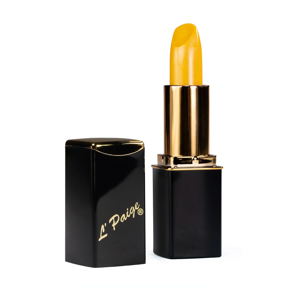 L’Paige LYW yellow-to-coral lipstick swatch showing satin finish and hydration