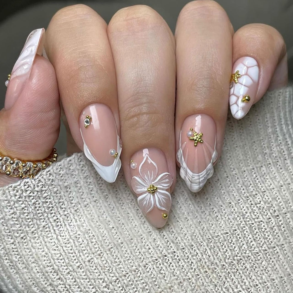 LPOODDNU 3D almond press-on nails with white French tip and floral accents for DIY manicure.