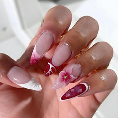 LPOODDNU 3D flower press-on nails in almond shape provide a stylish, long-lasting manicure at home