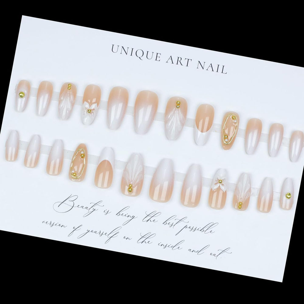 LPOODDNU 3D gilding flower designs on almond press-on nails.