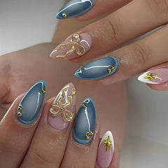 LPOODDNU 3D gold bow star press-on nails in almond shape for premium salon-style nails.